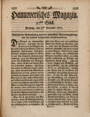 Hannoverisches Magazin (Hannoversche Anzeigen) Freitag 6. Dezember 1771