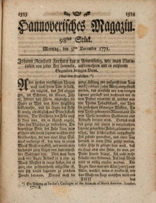 Hannoverisches Magazin (Hannoversche Anzeigen) Montag 9. Dezember 1771