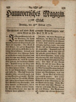 Hannoverisches Magazin (Hannoversche Anzeigen) Freitag 28. Februar 1772