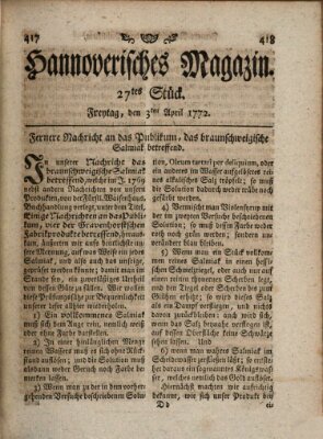 Hannoverisches Magazin (Hannoversche Anzeigen) Friday 3. April 1772