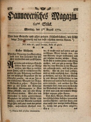 Hannoverisches Magazin (Hannoversche Anzeigen) Montag 3. August 1772