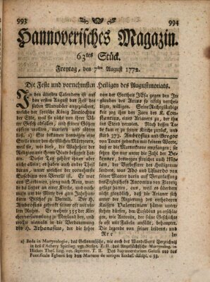 Hannoverisches Magazin (Hannoversche Anzeigen) Freitag 7. August 1772