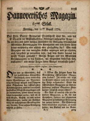 Hannoverisches Magazin (Hannoversche Anzeigen) Freitag 21. August 1772