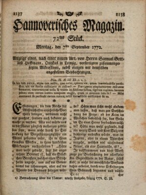 Hannoverisches Magazin (Hannoversche Anzeigen) Montag 7. September 1772