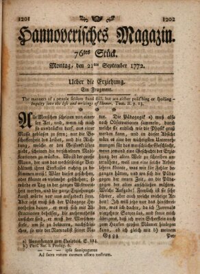 Hannoverisches Magazin (Hannoversche Anzeigen) Montag 21. September 1772