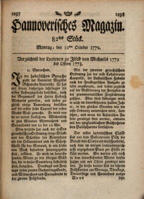 Hannoverisches Magazin (Hannoversche Anzeigen) Montag 12. Oktober 1772