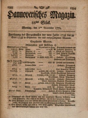 Hannoverisches Magazin (Hannoversche Anzeigen) Montag 2. November 1772