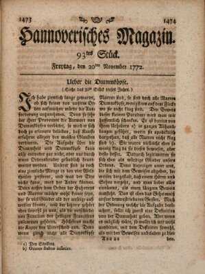 Hannoverisches Magazin (Hannoversche Anzeigen) Freitag 20. November 1772