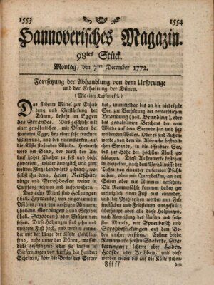 Hannoverisches Magazin (Hannoversche Anzeigen) Montag 7. Dezember 1772