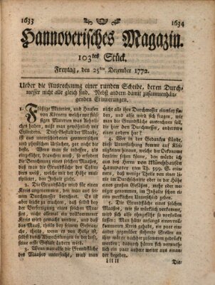 Hannoverisches Magazin (Hannoversche Anzeigen) Freitag 25. Dezember 1772