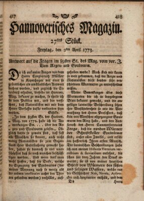 Hannoverisches Magazin (Hannoversche Anzeigen) Freitag 2. April 1773