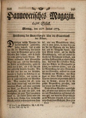 Hannoverisches Magazin (Hannoversche Anzeigen) Montag 26. Juli 1773