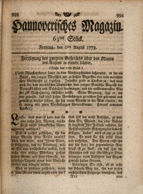 Hannoverisches Magazin (Hannoversche Anzeigen) Freitag 6. August 1773