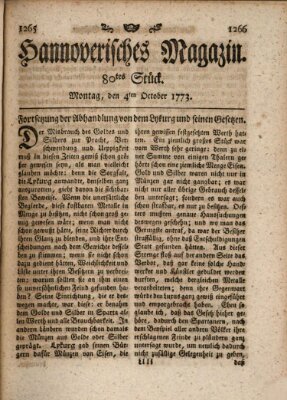 Hannoverisches Magazin (Hannoversche Anzeigen) Montag 4. Oktober 1773