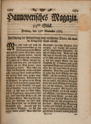 Hannoverisches Magazin (Hannoversche Anzeigen) Freitag 19. November 1773