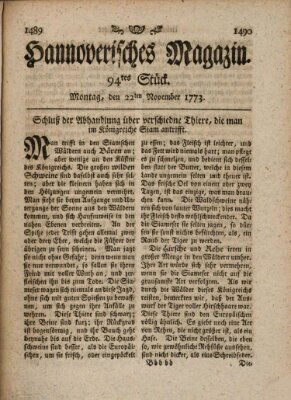 Hannoverisches Magazin (Hannoversche Anzeigen) Montag 22. November 1773