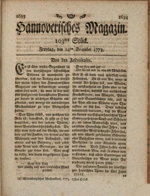 Hannoverisches Magazin (Hannoversche Anzeigen) Freitag 24. Dezember 1773