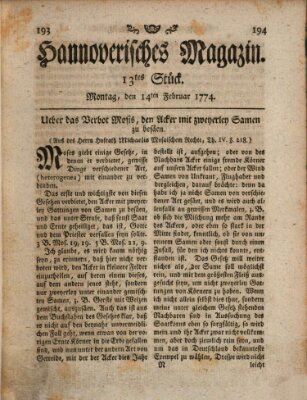 Hannoverisches Magazin (Hannoversche Anzeigen) Montag 14. Februar 1774