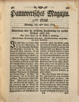 Hannoverisches Magazin (Hannoversche Anzeigen) Montag 18. April 1774