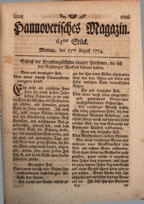 Hannoverisches Magazin (Hannoversche Anzeigen) Montag 15. August 1774