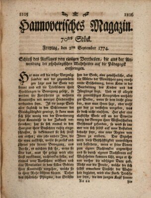 Hannoverisches Magazin (Hannoversche Anzeigen) Freitag 2. September 1774