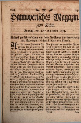 Hannoverisches Magazin (Hannoversche Anzeigen) Freitag 30. September 1774