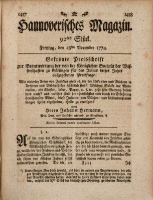 Hannoverisches Magazin (Hannoversche Anzeigen) Freitag 18. November 1774