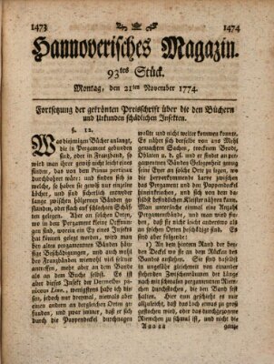 Hannoverisches Magazin (Hannoversche Anzeigen) Montag 21. November 1774