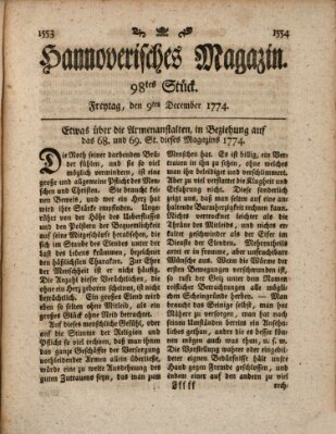 Hannoverisches Magazin (Hannoversche Anzeigen) Freitag 9. Dezember 1774