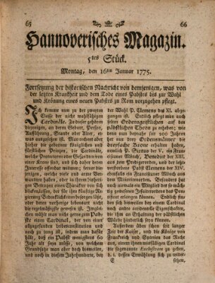 Hannoverisches Magazin (Hannoversche Anzeigen) Montag 16. Januar 1775