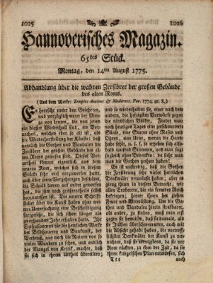 Hannoverisches Magazin (Hannoversche Anzeigen) Montag 14. August 1775