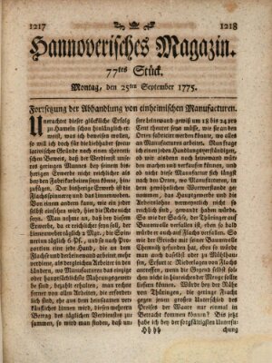 Hannoverisches Magazin (Hannoversche Anzeigen) Montag 25. September 1775