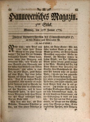 Hannoverisches Magazin (Hannoversche Anzeigen) Montag 15. Januar 1776