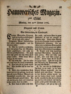 Hannoverisches Magazin (Hannoversche Anzeigen) Montag 22. Januar 1776