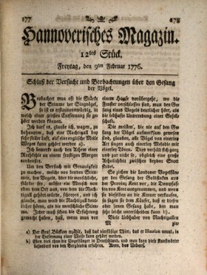 Hannoverisches Magazin (Hannoversche Anzeigen) Freitag 9. Februar 1776