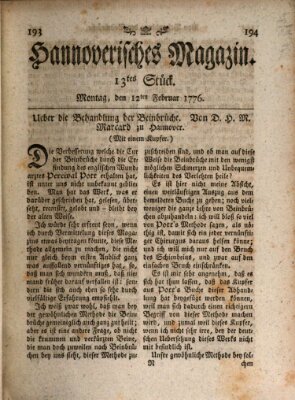 Hannoverisches Magazin (Hannoversche Anzeigen) Montag 12. Februar 1776