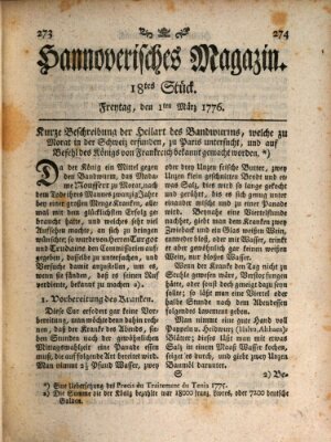 Hannoverisches Magazin (Hannoversche Anzeigen) Freitag 1. März 1776