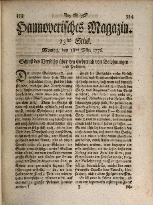 Hannoverisches Magazin (Hannoversche Anzeigen) Montag 18. März 1776