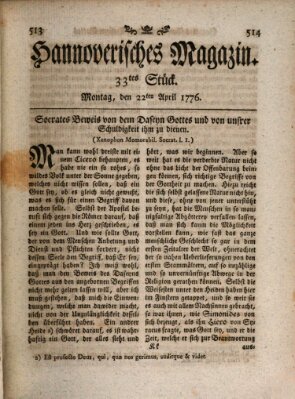 Hannoverisches Magazin (Hannoversche Anzeigen) Montag 22. April 1776