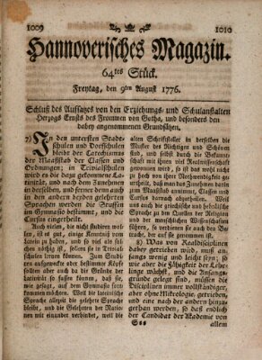 Hannoverisches Magazin (Hannoversche Anzeigen) Freitag 9. August 1776