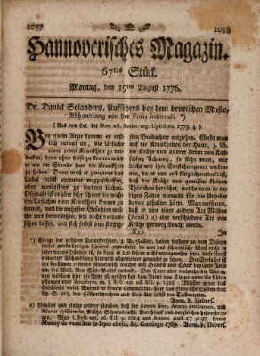 Hannoverisches Magazin (Hannoversche Anzeigen) Montag 19. August 1776