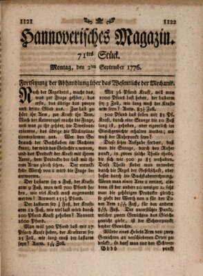 Hannoverisches Magazin (Hannoversche Anzeigen) Montag 2. September 1776