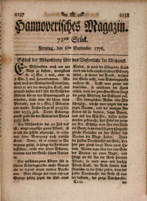 Hannoverisches Magazin (Hannoversche Anzeigen) Freitag 6. September 1776