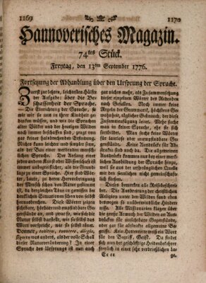 Hannoverisches Magazin (Hannoversche Anzeigen) Freitag 13. September 1776