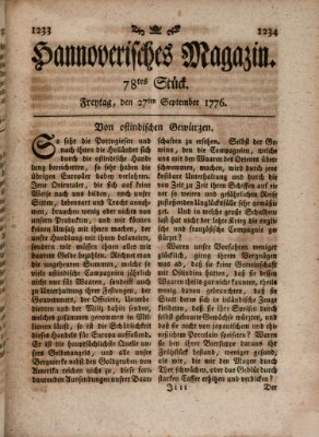 Hannoverisches Magazin (Hannoversche Anzeigen) Freitag 27. September 1776