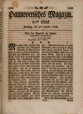 Hannoverisches Magazin (Hannoversche Anzeigen) Freitag 4. Oktober 1776