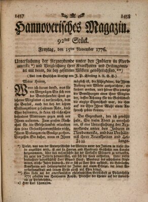 Hannoverisches Magazin (Hannoversche Anzeigen) Freitag 15. November 1776