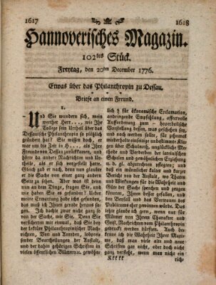 Hannoverisches Magazin (Hannoversche Anzeigen) Freitag 20. Dezember 1776