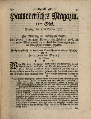 Hannoverisches Magazin (Hannoversche Anzeigen) Freitag 14. Februar 1777