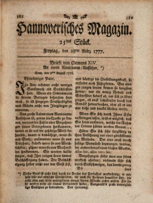 Hannoverisches Magazin (Hannoversche Anzeigen) Freitag 28. März 1777